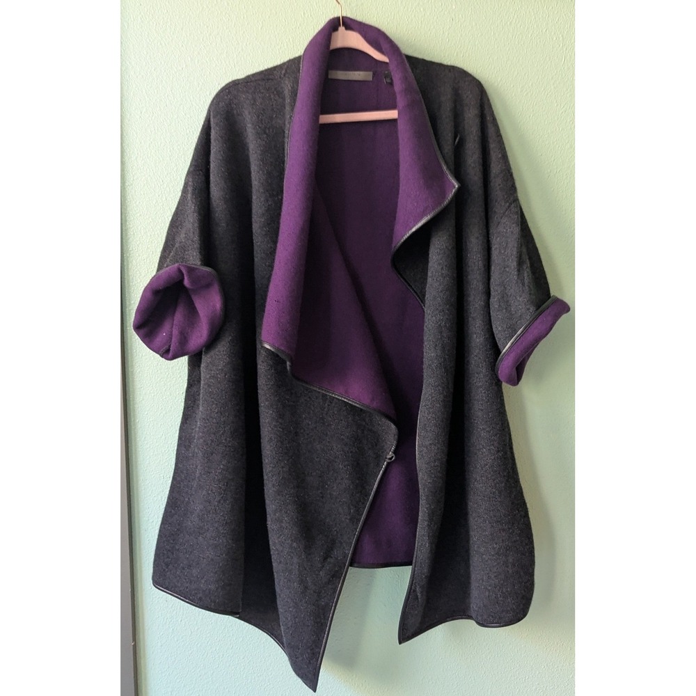 Nordstrom Signature Cashmere Lagenlook Poncho Jacket Leather Trim Black Purple